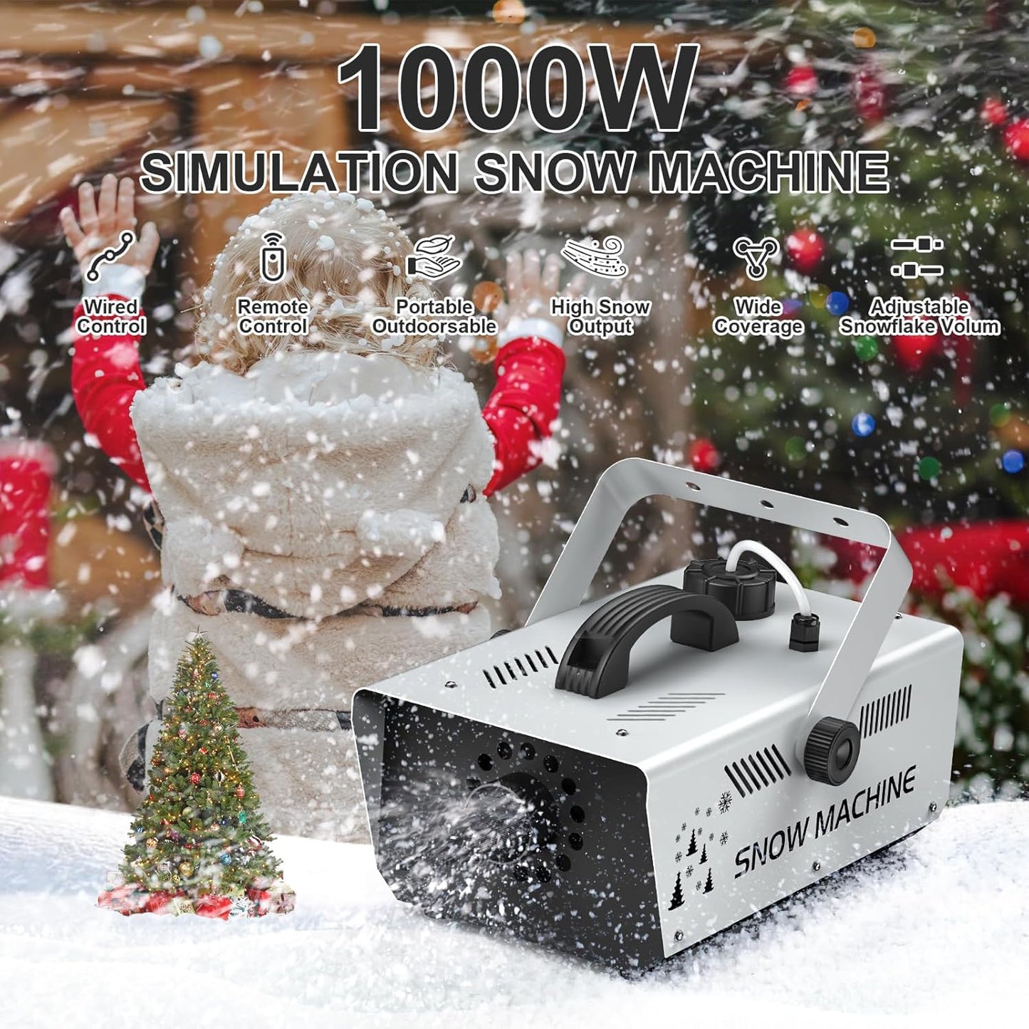 1000W Snow Machine Remote & Manual Control Snowflake Making Adjustable Snowflake Size Snowmaker Perfect for Christmas,Weddings and Theatrical Effects (Grey, 1)