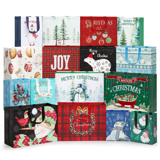 STYPOP 16 Pack Assorted Sizes Reusable Christmas Tote Bags with Handles, Non-Woven Bags for Wrap/Party Favor Supplies (4 Extra Large 6 Large 6 Medium)