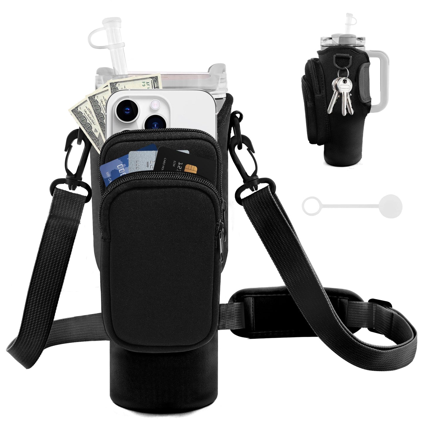 JEBEALUO Water Bottle Carrier Bag with Phone Pocket for Stanley Cup 40/30 oz, Water Bottle Holder with Adjustable Strap& Straw Cover, Stanley Cup Accessories (Black)