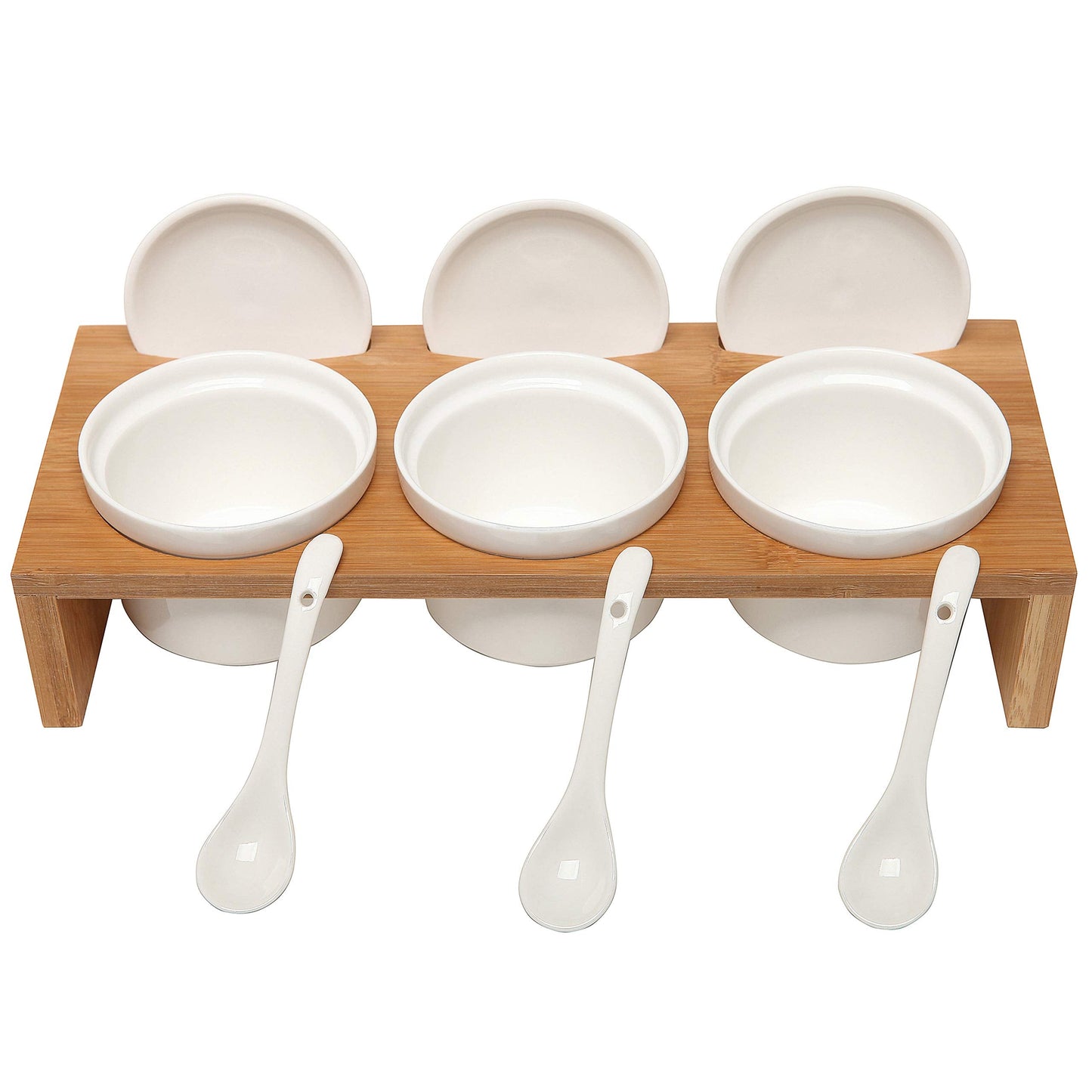 MyGift 10 Piece Condiment Pot Serving Set Includes Premium Solid Bamboo Wood Raised Display Server Tray and 3 Ceramic Ramekin Dip Bowls with Lids and Spoons