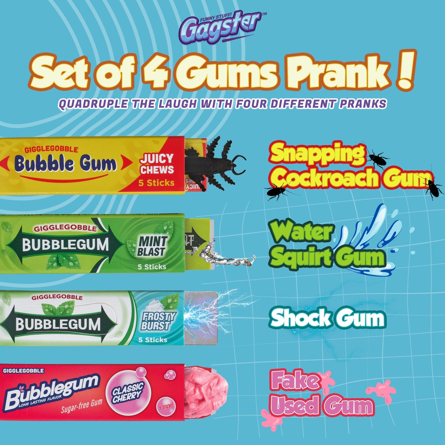 Gagster 4-in-1 Prank Chewing Gum Set – Shocking, Water Squirt, Cockroach Snapping, Fake Chewed Gum, Gag Gifts for Kids Adults, Work Pranks, April Fools, Practical Joke Toys Kit