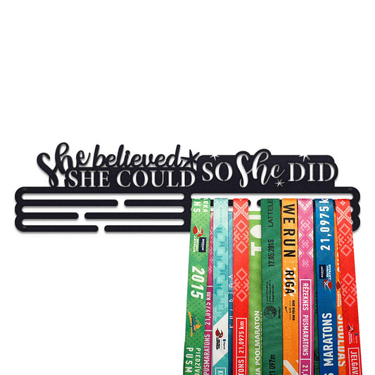 Sports Medal Hanger Display Race She Believed She Could So She Did | Black Race Medal Holder Awards Wall Mount | Running Marathon Race Medal Display for Wall | Steel medal holder for wall