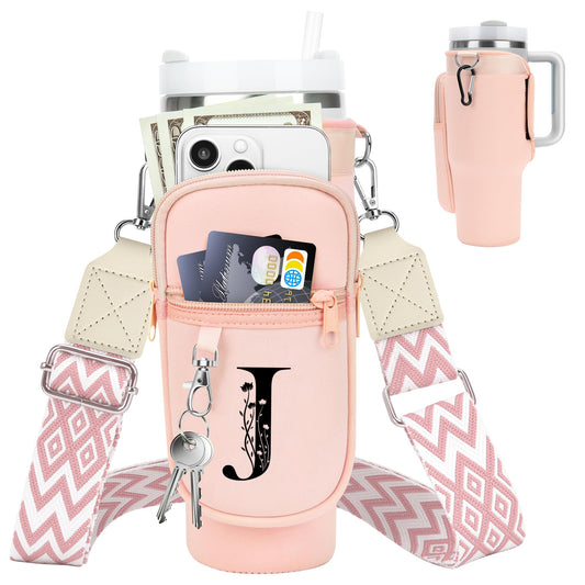 LOKASS for Stanley Cup Accessories 40 oz Water Bottle Carrier Bag with Phone Pocket for Stanley Tumbler Holder with Strap, Personalized Gifts with Floral Initial A-Z for Women/Girls/Stanley Cup Fans