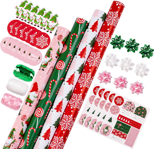 WRAPAHOLIC Christmas Wrapping Paper Set - Christmas Gnome Elf Holiday Collection Wrapping Paper Bundle with Gift Bow & Ribbon & Tag & Sticker