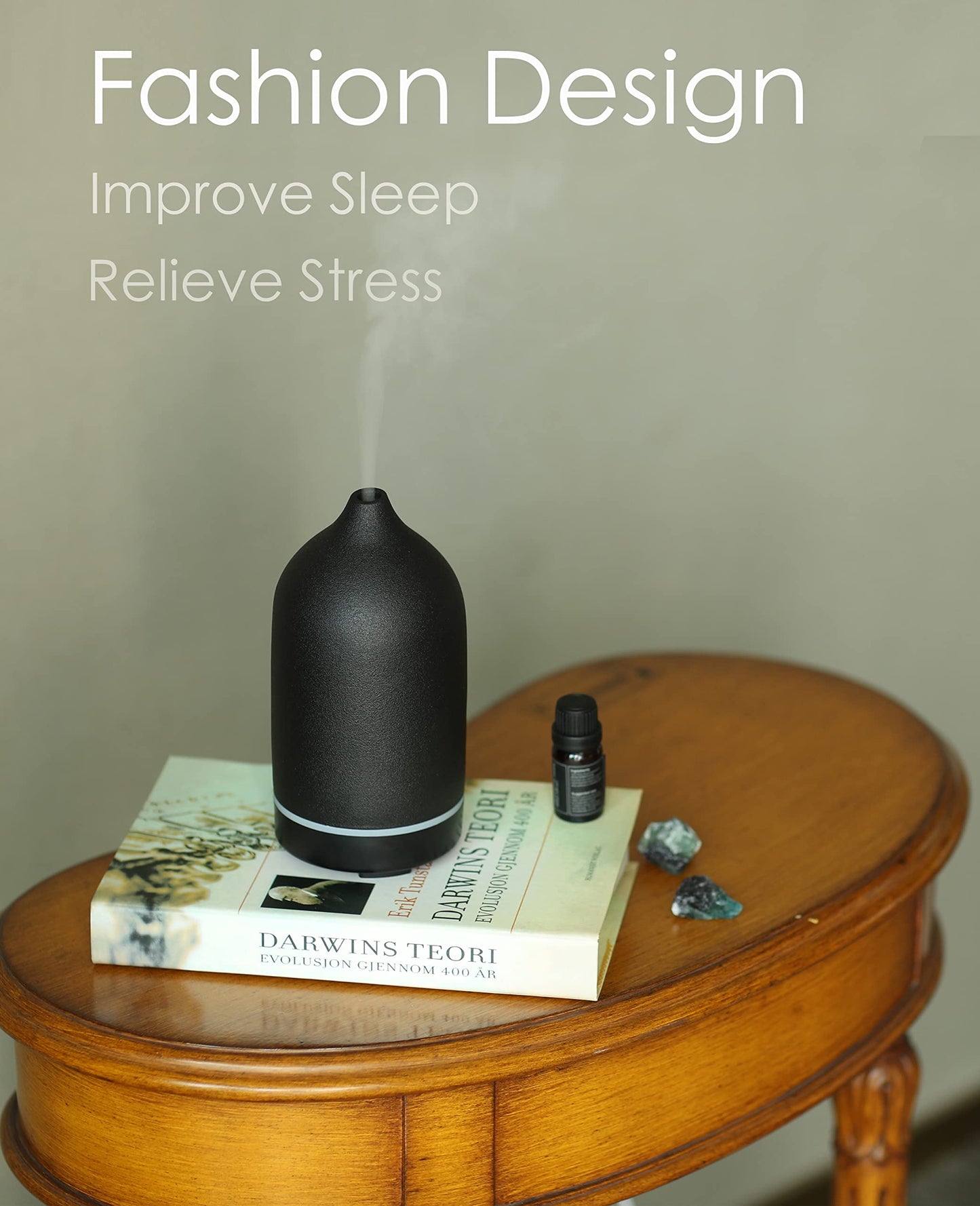 Essential Oil Diffuser,Handcrafted Ceramic Diffuser for Home,Ultrasonic Cool Mist Air Diffuser, 9 Colors Night Light with Timer (Black)