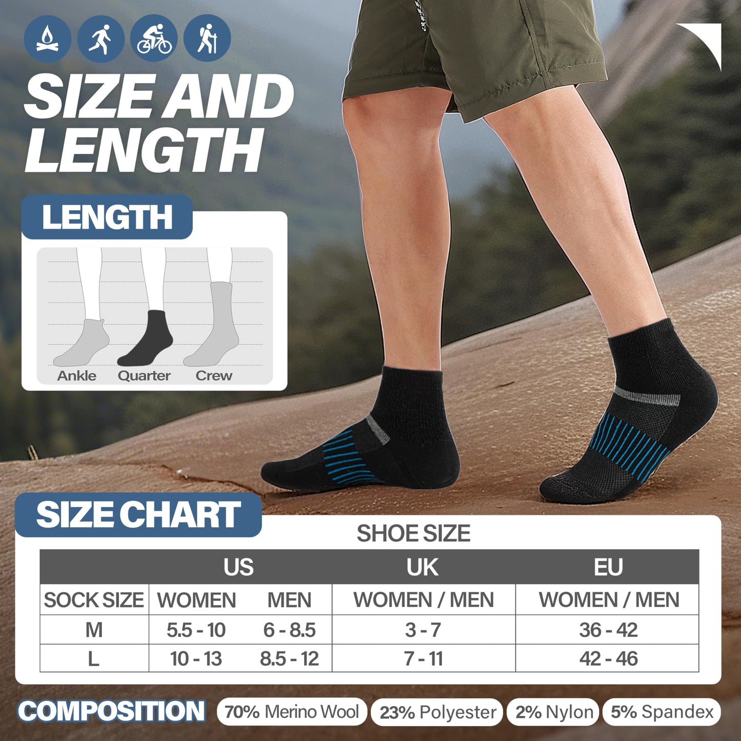 Anlisim Merino Wool Quarter Hiking Socks Compression Warm Thermal Winter Thick Cushion Running Moisture Wicking No Show Socks Gifts Stocking Stuffers for Women Men 6 Pairs(Black Mixed,L)