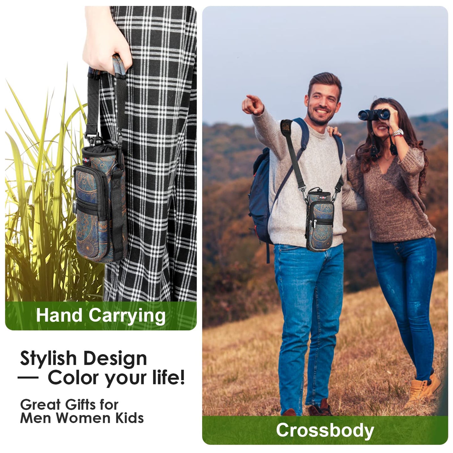 AUPET Water Bottle Sling Bag Sleeve Holder Carrier 25/32/40/64 oz,Insulated Crossbody Water Bottle Case Cover with Strap and Pockets for Men/Women Walking Hiking Camping (25oz, stylish)