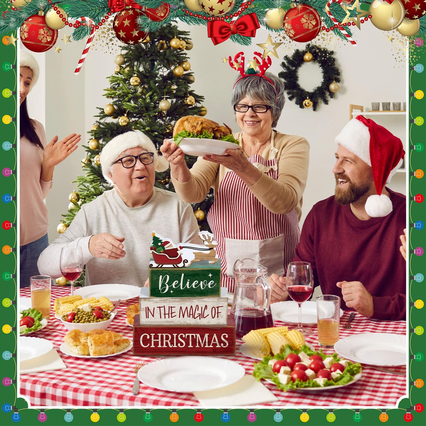 Lineshading 4 Pcs Christmas Table Decoration Wooden Santa Claus Decor Christmas Tiered Tray Decor Decorative Santa Claus Elk Block Sign Gift Farmhouse Xmas Table Centerpiece for Home Kitchen Shelf