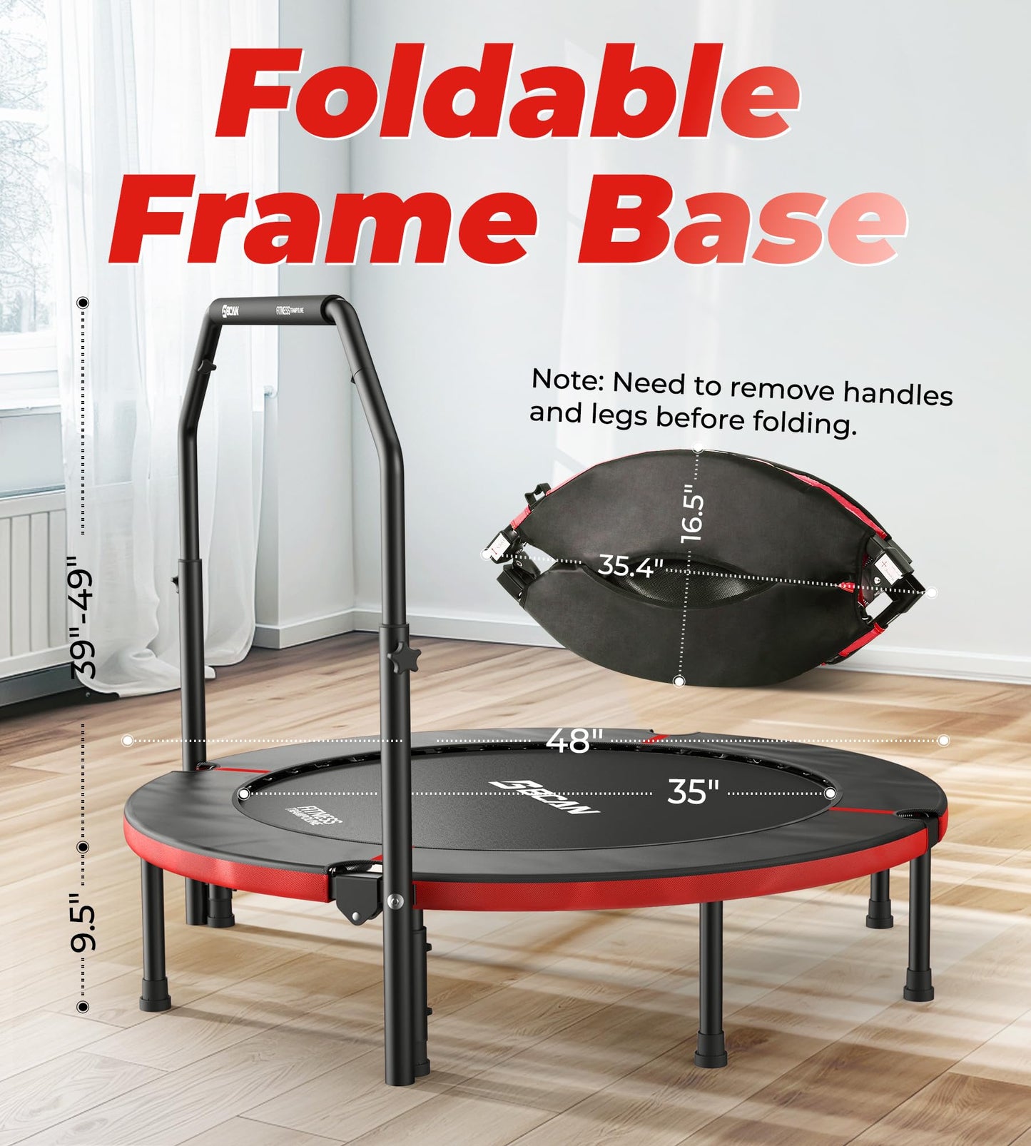 BCAN 40"/48" Foldable Mini Trampoline, Rebounder Trampoline for Adults, U/T Shape Adjustable Foam Handle, Exercise Rebounder for Kids Adults Indoor/Garden Workout, Max Load 330lbs/440lbs