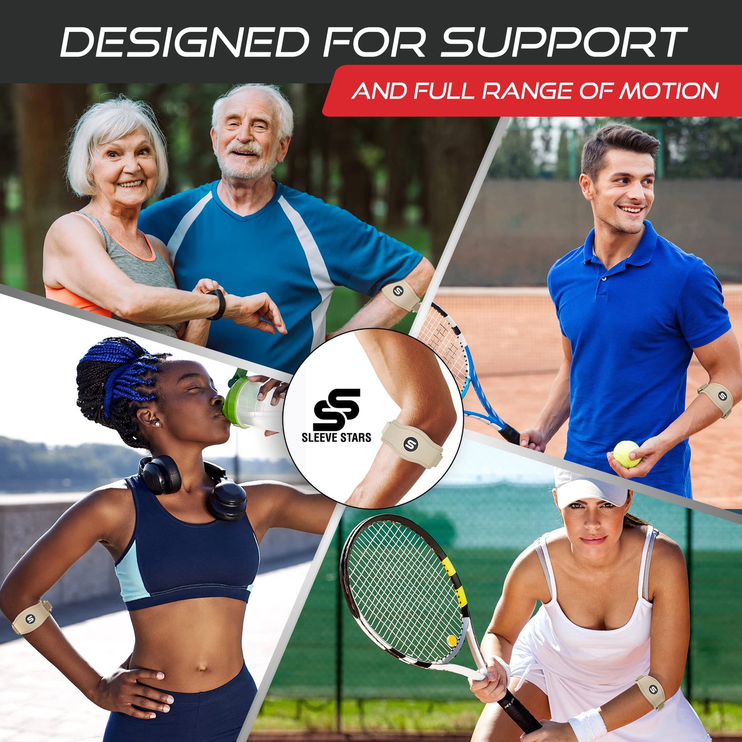 Sleeve Stars Tennis Elbow Brace for Men & Women, Tendonitis Elbow Brace & Strap Golfers Elbow Brace Counterforce Band for Tendon Pain Relief & Support for Forearm w/ 3 Straps Fits 9-23" (Single/Beige)