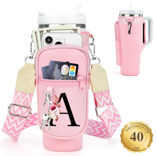 Initial Water Bottle Holder with Strap for Stanley 40 oz Tumbler, for Simple Modern 40 oz Tumbler, Graduation Gift with Phone Pocket, Carabiner, Personalized Gift for Stanley Cup Accessories Pink A