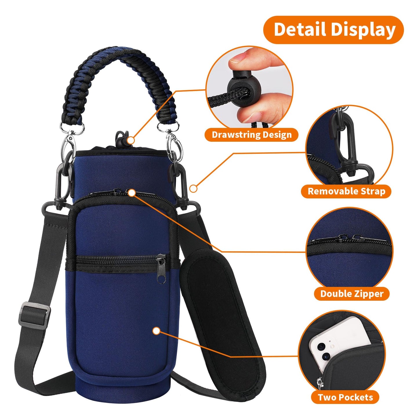 AceTreker 32 oz 40 oz Water Bottle Holder Bag with Strap, Neoprene Water Bottle Carrier with Paracord Handle, Sport Bottle Sleeve Sling Bag with Pocket for Travelling, Walking, Camping-Navy