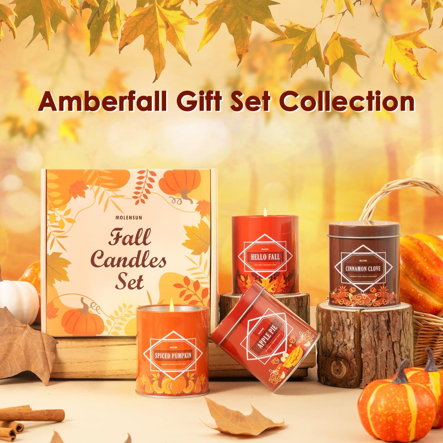 Fall Scented Candles Gift Set – 4 Pack of 9Oz Soy Candles, Autumn Fragrances (Pumpkin Spice, Apple Pie, Hello Fall, Cinnamon Clove), Holiday Gifts for Women & Men