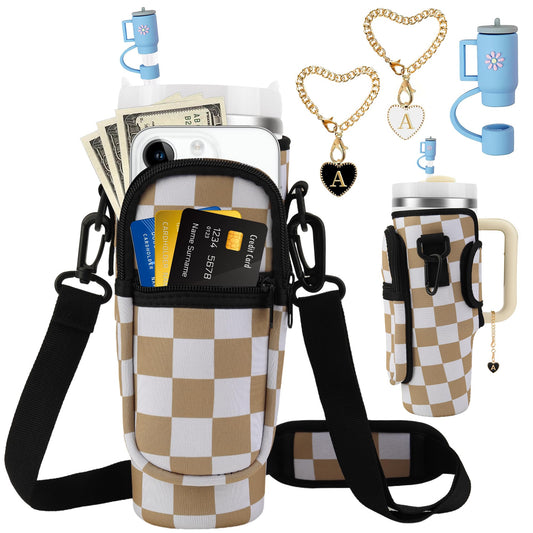 Water Bottle Carrier Bag with Strap for Stanley Cup 40oz Tumbler with Phone Pocket, Keychain Accessories for Stanley Cup Handle, Women Personalized Accessories for Stanley Cup