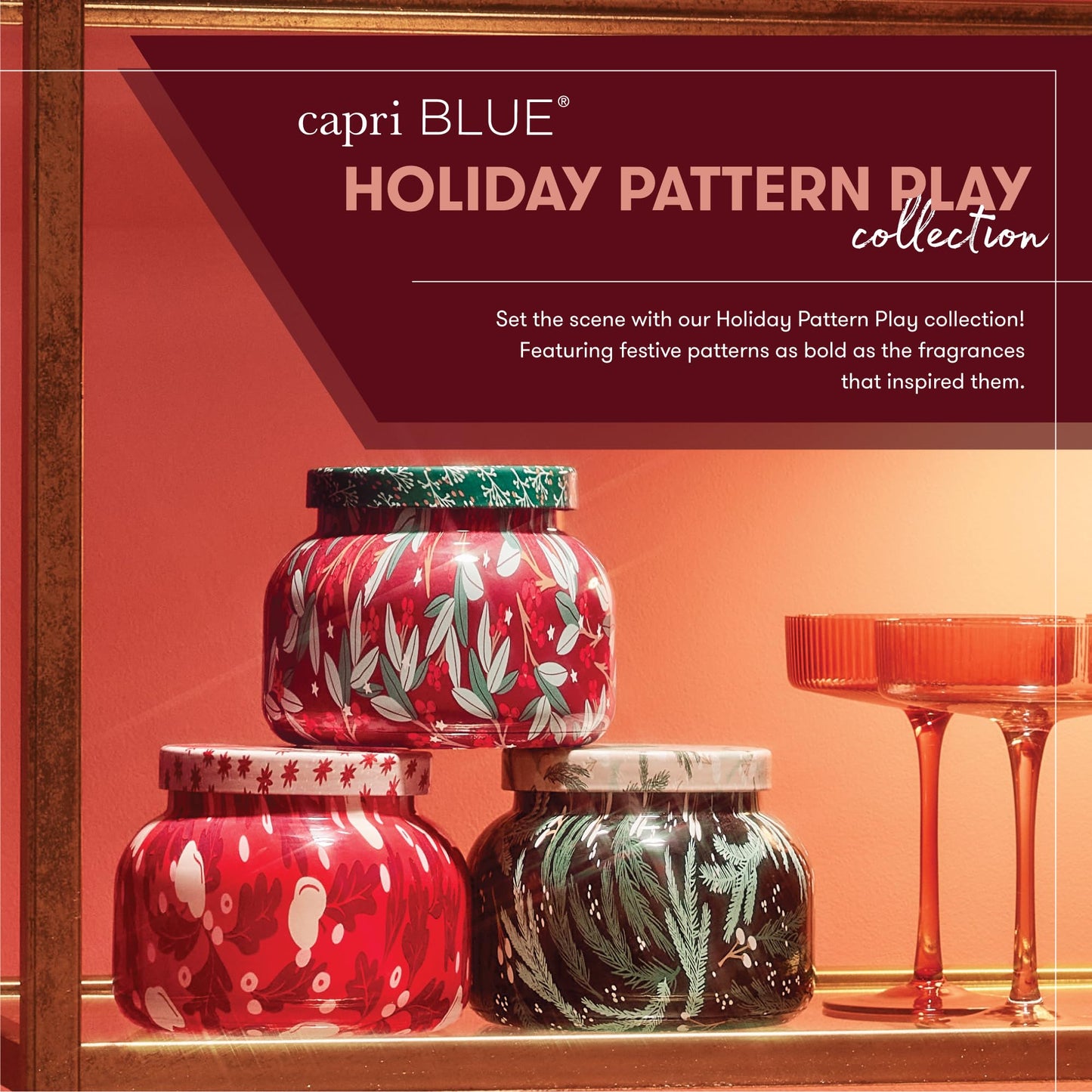 Capri Blue Pattern Play Signature Holiday Candle - Luxury Holiday Scented Candle for Home- Long Lasting Soy Wax Blend - Comes in Decorative Glass Jar (Crystal Pine, 19 oz)