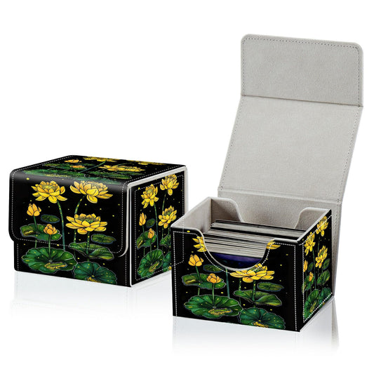 RWUTYTIUL Card Deck Box for MTG Cards, Card Storage Box Fits 100+ Sleeved Cards, PU Leather Large Size Strong Magnet Card Deck Case Holder for Board Game Magic MTG TCG CCG, Yellow Lotus