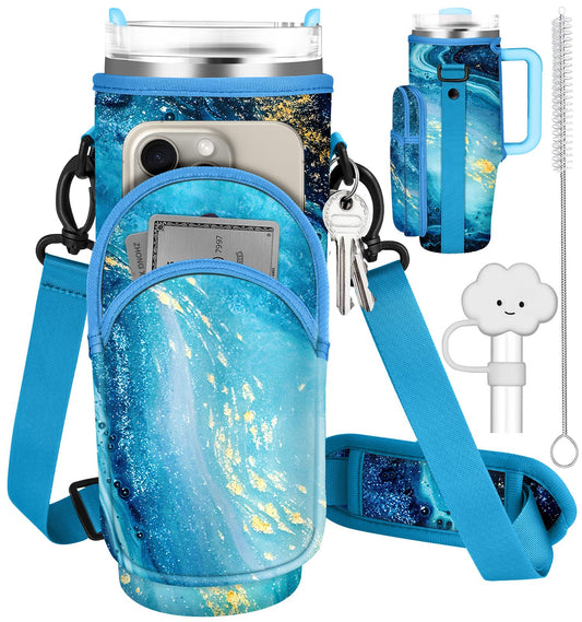 Toykee Water Bottle Holder Carrier Bag for Stanley 40 OZ Tumbler with Strap Phone Pocket, Blue Wrap Around Drink Cup Purse Pouch with Straw Cover Cleaner Brush Accessories Marble Print