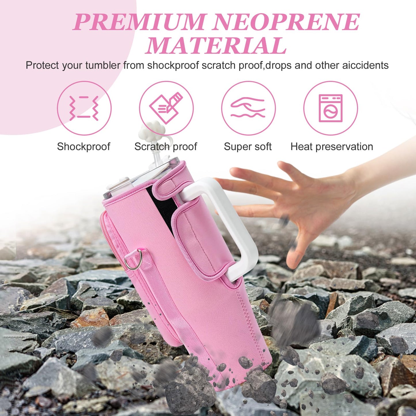 PRAGATISM Water Bottle Holder with Strap Pouch and Handle fits for Stanley 30 oz Tumbler, Water Bottle Carrier Bag with 4.9FT Strap, Bottle Pouch for Stanley Cup Accessories, Pink