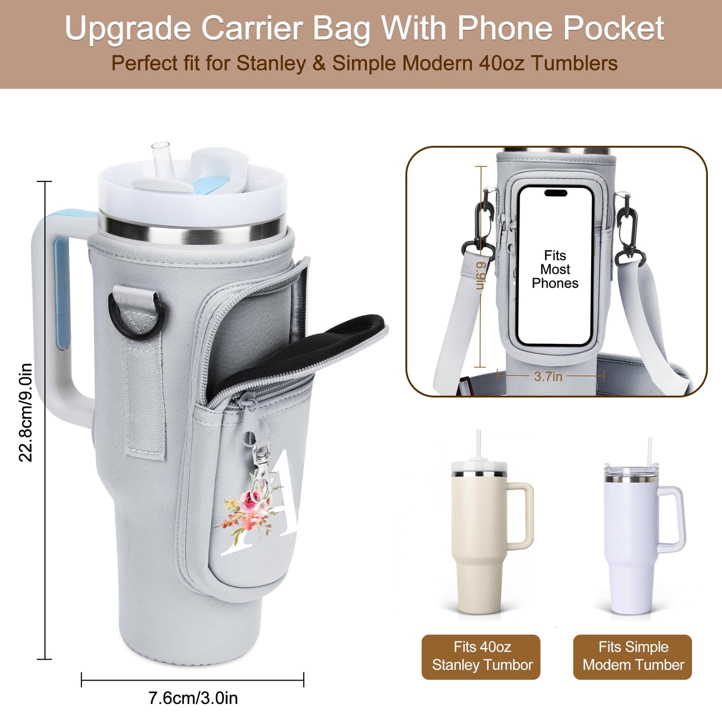 Initial Water Bottle Holder with Strap for Stanley 40 oz Tumbler/Simple Modern 40 oz Tumbler,Water Bottle Carrier Bag with Strap,Personalized A-Z Phone Pocket for Stanley Cup Accessories