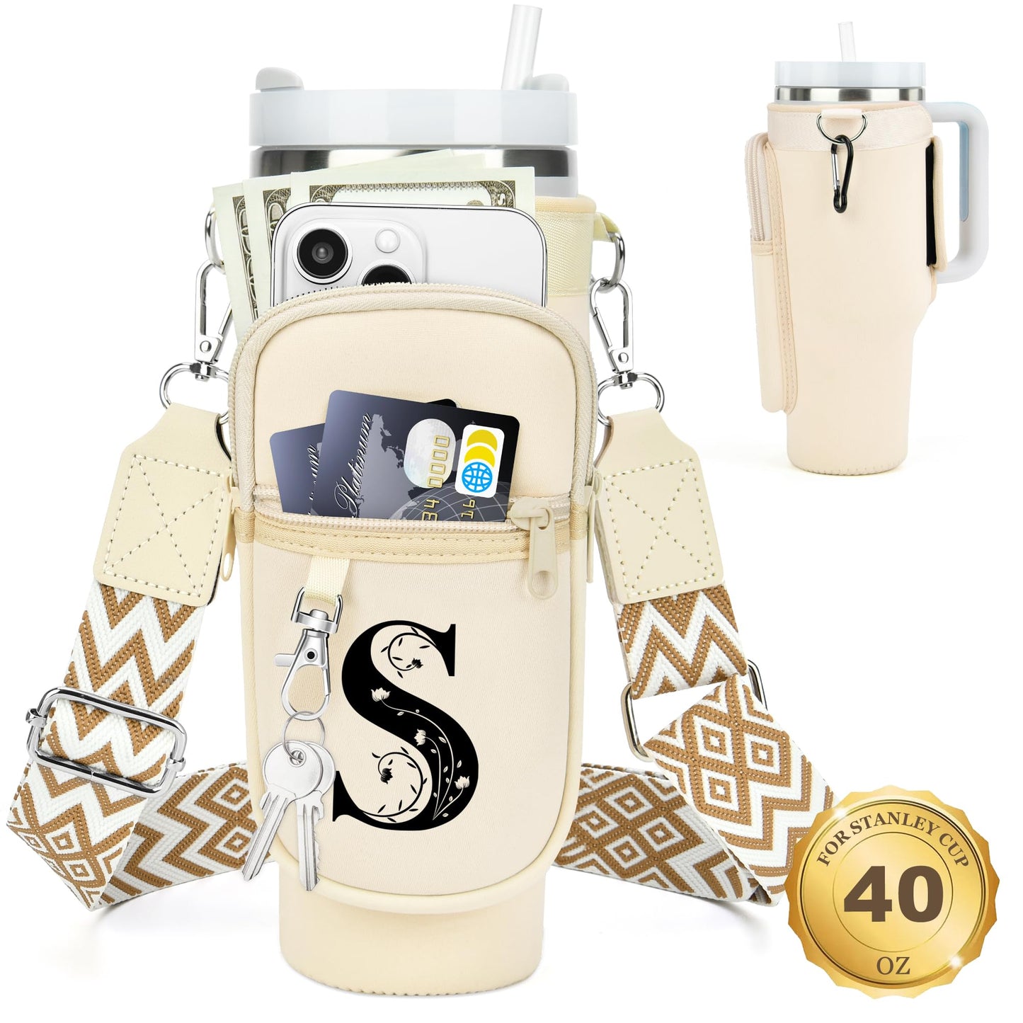 LOKASS for Stanley Cup Accessories 40 oz Water Bottle Carrier Bag with Phone Pocket for Stanley Tumbler Holder with Strap, Personalized Gifts with Floral Initial A-Z for Women/Girls/Stanley Cup Fans