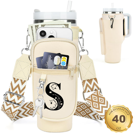 LOKASS for Stanley Cup Accessories 40 oz Water Bottle Carrier Bag with Phone Pocket for Stanley Tumbler Holder with Strap, Personalized Gifts with Floral Initial A-Z for Women/Girls/Stanley Cup Fans