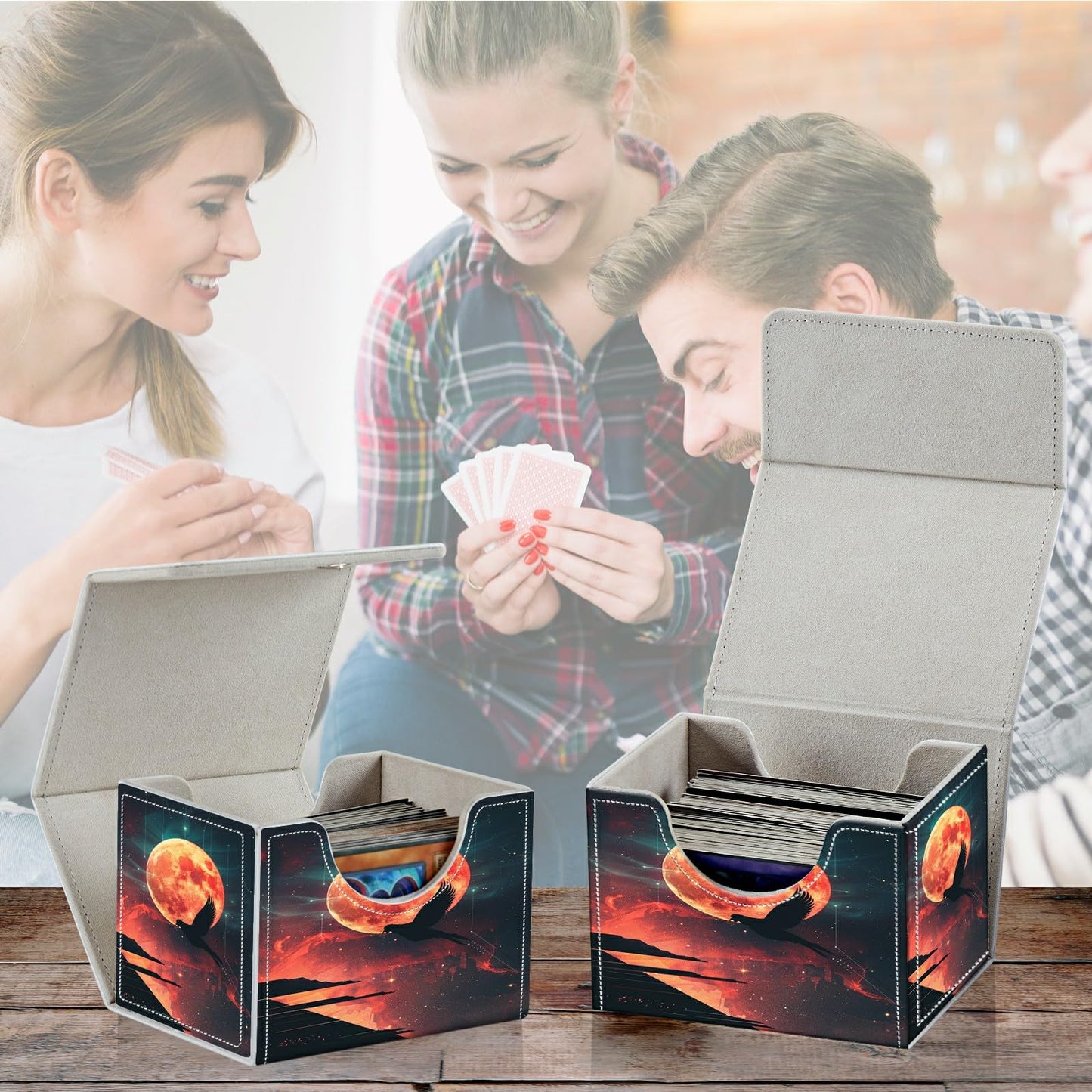 RWUTYTIUL Card Deck Box for MTG Cards, Card Storage Box Fits 100+ Sleeved Cards, PU Leather Large Size Strong Magnet Card Deck Case Holder for Board Game Magic MTG TCG CCG, Moon Eagle