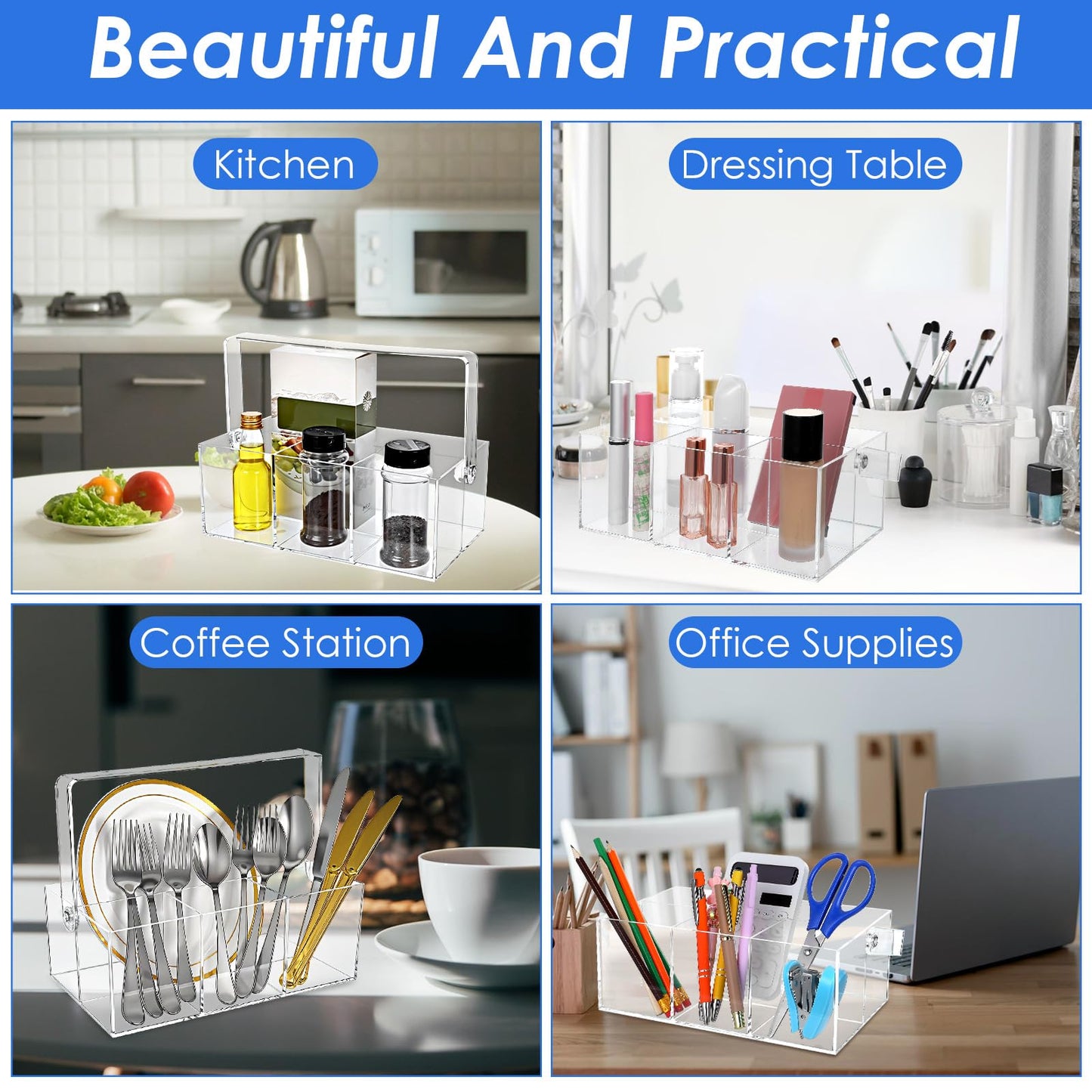 2 Pack Silverware Organizer, Paper Plate Holders, Cutlery and Flatware Caddy for Countertop, Table, Buffet, and Picnic - Acrylic Party Utensil Holder for Knives, Forks, Spoons, Plates, Napkins