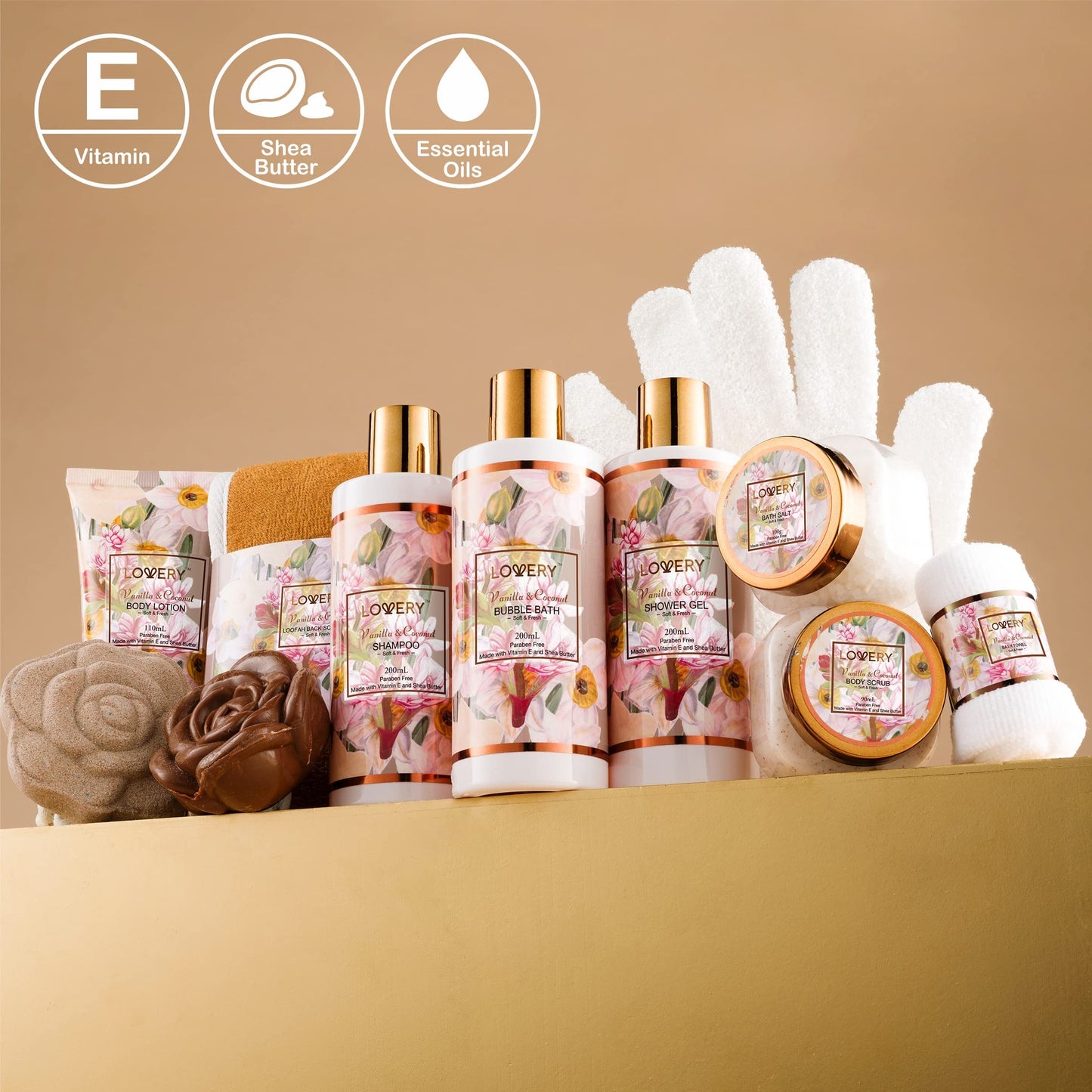 LOVERY Vanilla Coconut Bath & Spa Gift Set, 13pc Spa Gift Basket, Gifts for Women & Men, Bath Bomb, Body Lotion, Bubble Bath & More