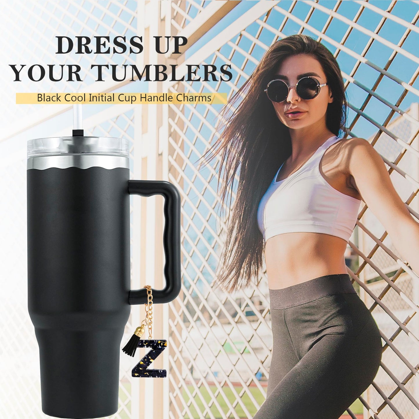 Letter Charm Accessories for Stanley Cup 1 PCS Cute Initial Keychain Handle Charm for Stanley Tumbler for Women Black Letter Z