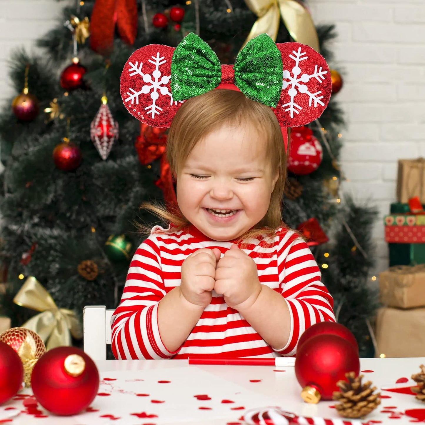 Christmas Mouse Ears Headband, 2 PCS Christmas Ears for Women Kids, Sequin Bow Headbands for Christmas Parties Cosplay Costume (Peppermint Green & Red Snowflake)