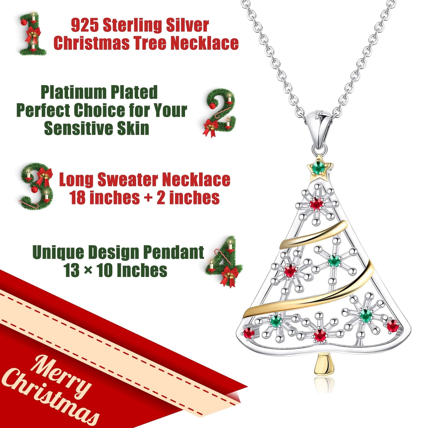 Sllaiss 925 Sterling Silver Christmas Tree Pendant Necklace Costume Jewelry Christmas Jewelry Gifts Long Pendant Necklace for Women