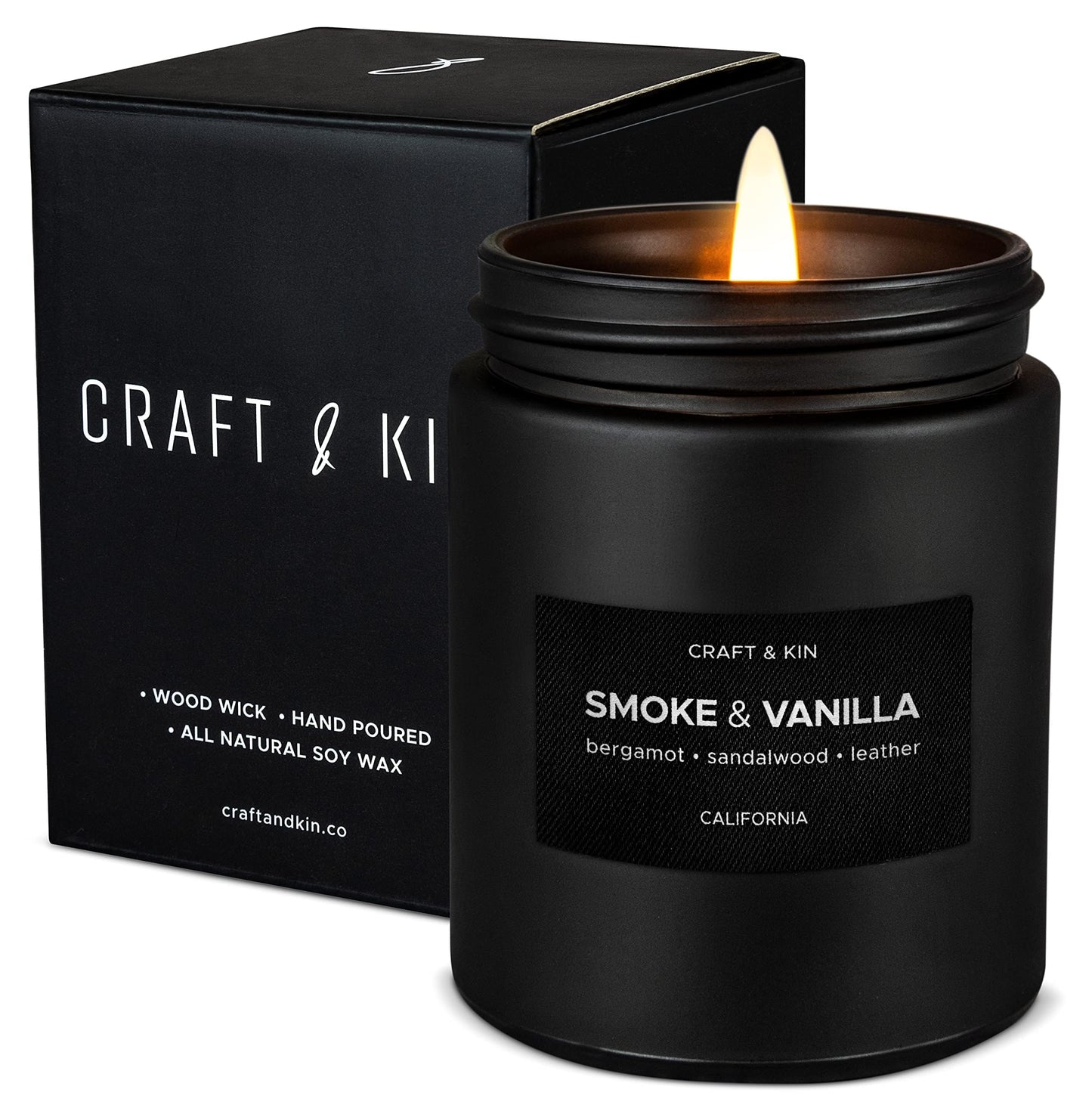 Craft & Kin Premium Smoke & Vanilla Candle | Black Scented Candles for Men | Long Lasting with 45 Hour Burn Time, 7.6oz | Made with Soy | Aromatherapy at Home | Gifts for Men