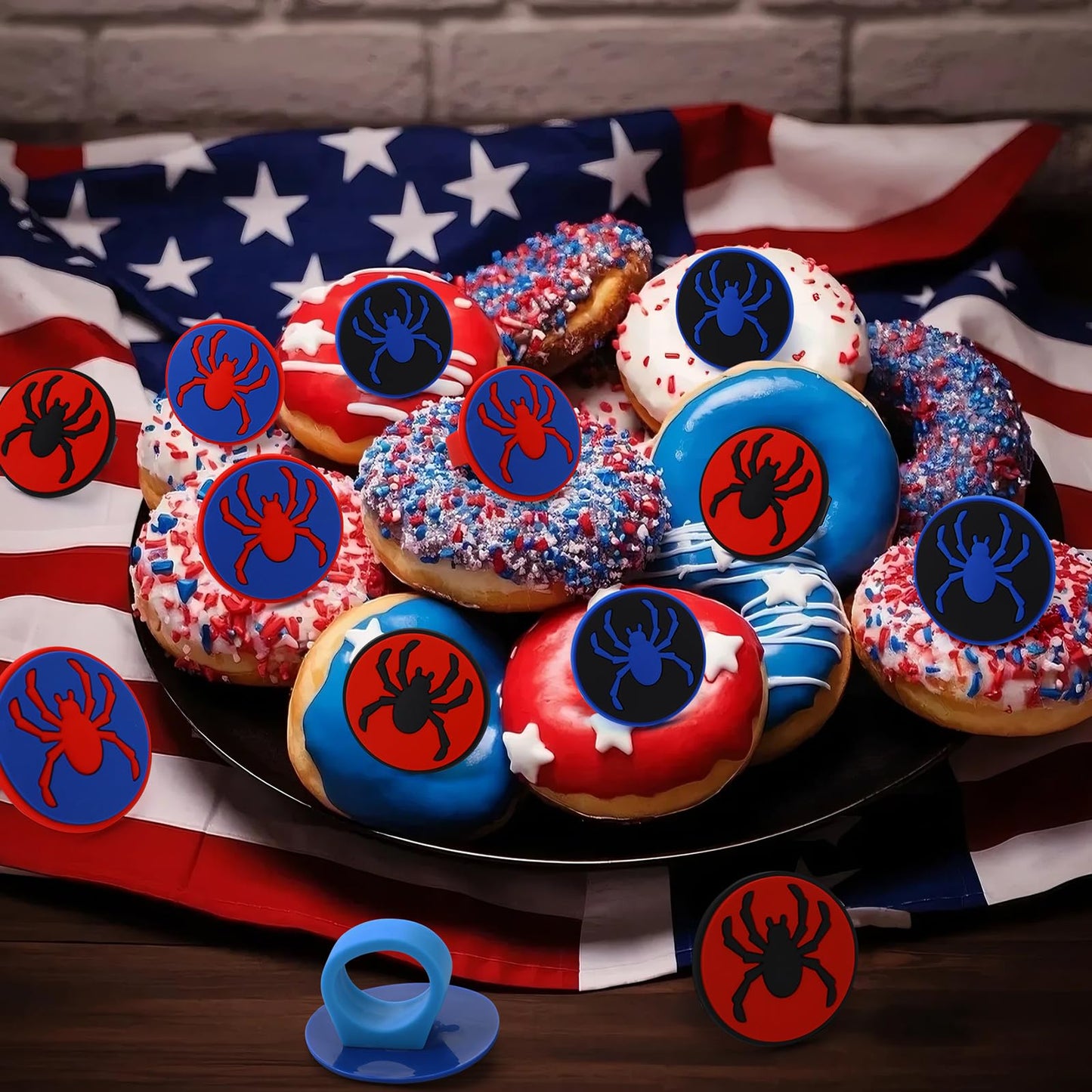 RoundFunny 48 pcs Spider Cupcake Rings, Spider Cake Toppers, Dessert Decorations for Birthday Parties Birthday Party Gifts Classroom Prizes (red/blue/black)