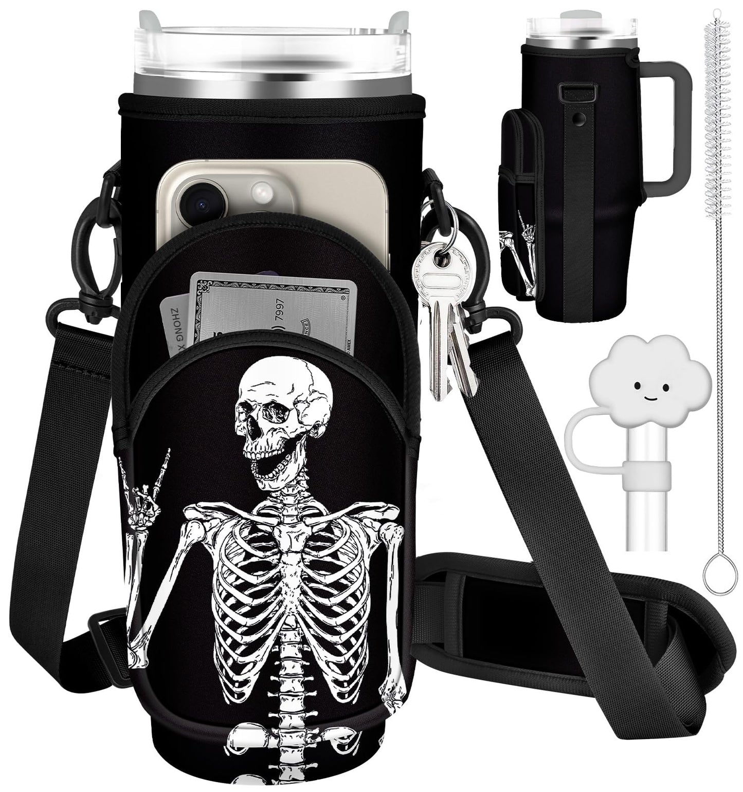 Toykee Water Bottle Holder Carrier Bag for Stanley 40 OZ Tumbler with Strap Phone Pocket, Black Wrap Around Drink Cup Purse Pouch with Straw Cover Cleaner Brush Accessories Skeleton Print
