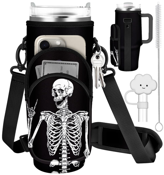 Toykee Water Bottle Holder Carrier Bag for Stanley 40 OZ Tumbler with Strap Phone Pocket, Black Wrap Around Drink Cup Purse Pouch with Straw Cover Cleaner Brush Accessories Skeleton Print