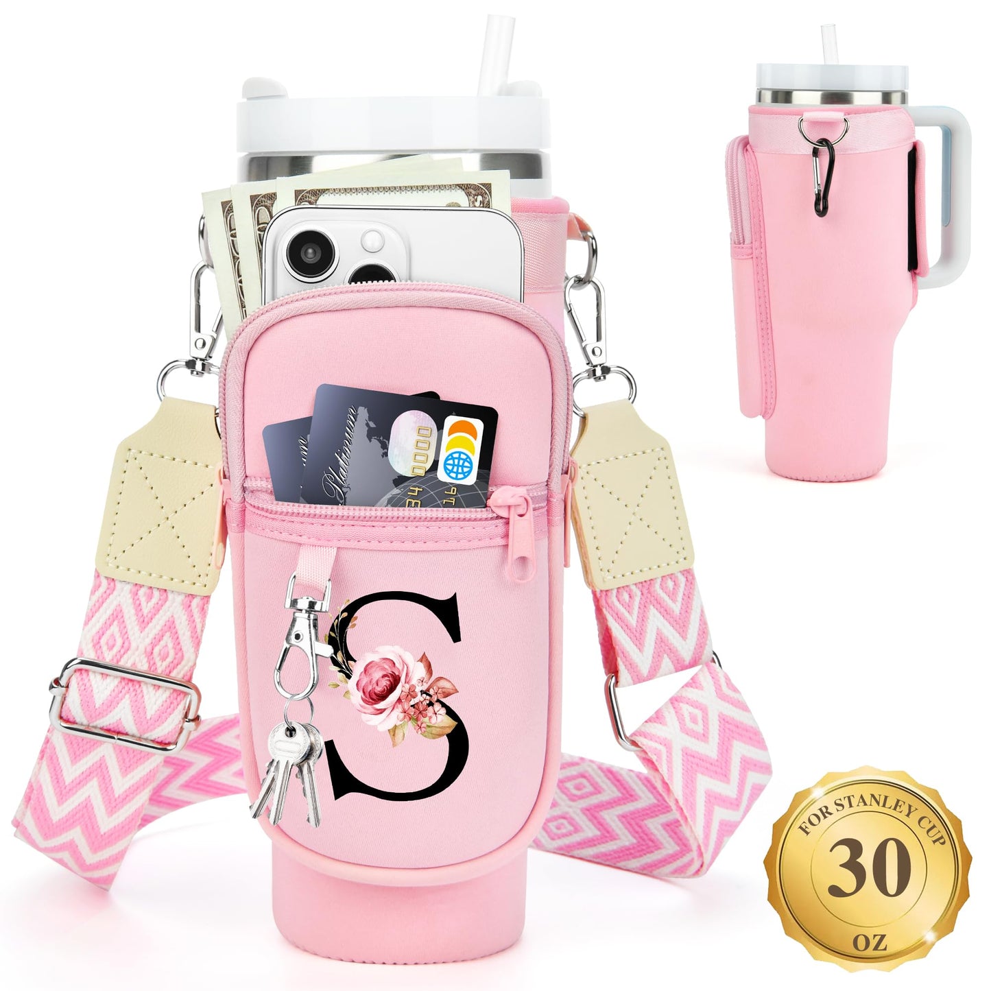 LOKASS Initial Water Bottle Holder with Upgrade Canvas Strap for Stanley 30 oz Tumbler, Gift for Mom Mother's Day Day gifts with Phone Pocket, Personalized Accessories for Stanley Cup, Pink - S