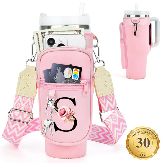 LOKASS Initial Water Bottle Holder with Upgrade Canvas Strap for Stanley 30 oz Tumbler, Gift for Mom Mother's Day Day gifts with Phone Pocket, Personalized Accessories for Stanley Cup, Pink - S