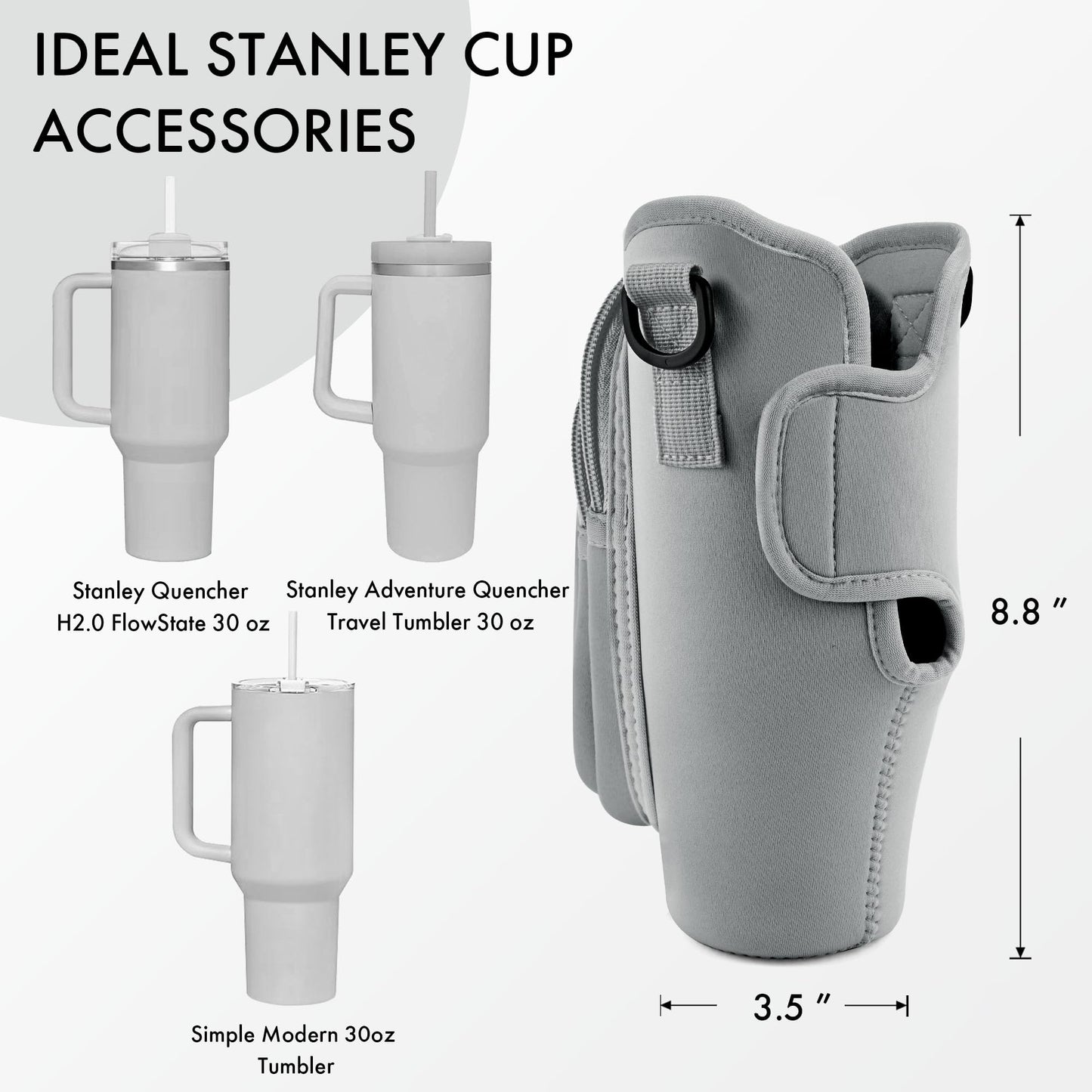 JEBEALUO Water Bottle Carrier Bag with Phone Pocket for Stanley Cup 40/30 oz, Water Bottle Holder with Adjustable Strap& Straw Cover, Stanley Cup Accessories (Grey)