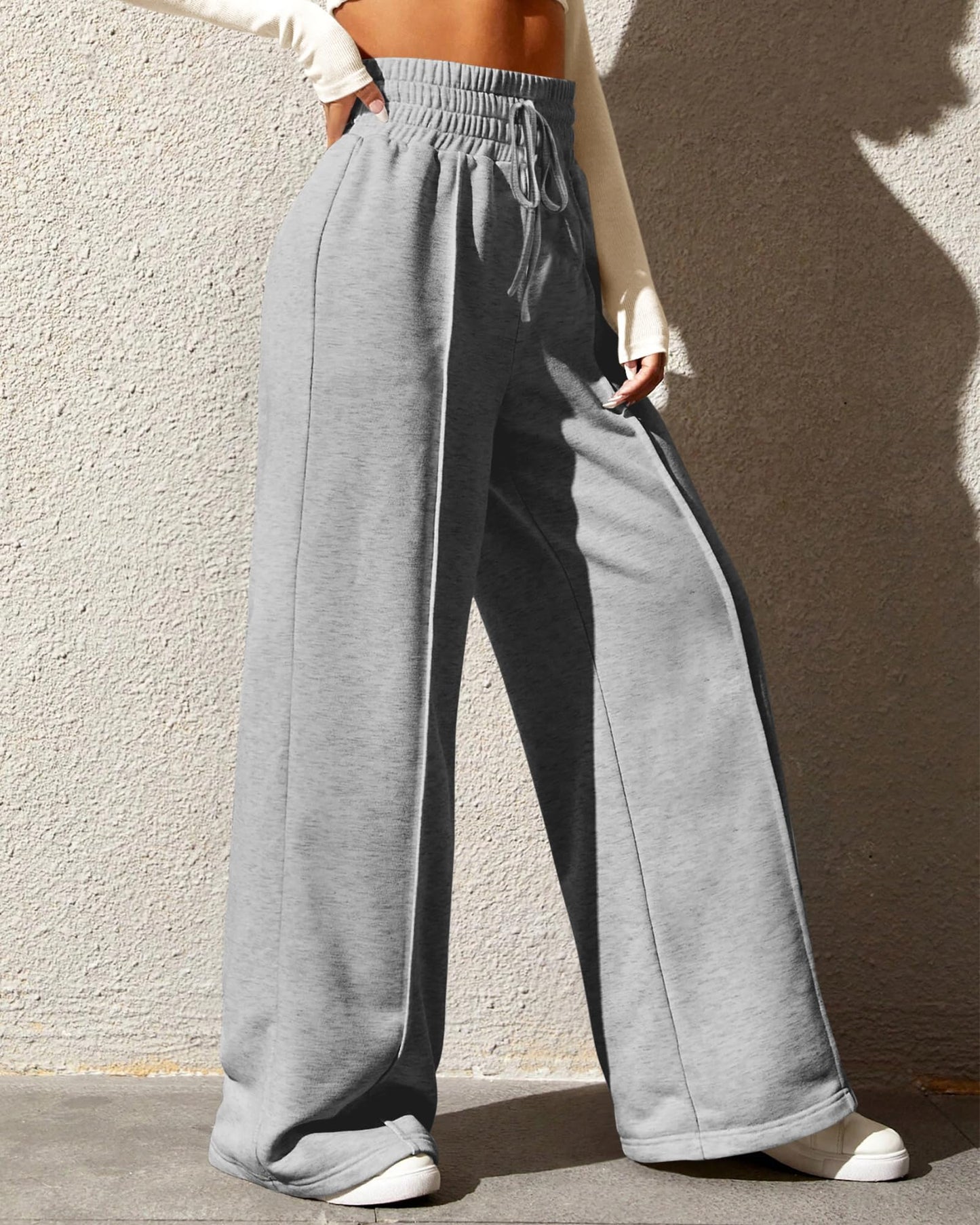 BTFBM Women's Causal Drawstring High Waist Baggy Straight Wide Leg Sweatpants with Pockets(Solid Light Grey,Medium)