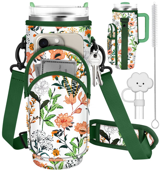 Toykee Water Bottle Holder Carrier Bag for Stanley 40 OZ Tumbler with Strap Phone Pocket, Green Wrap Around Drink Cup Purse Pouch with Straw Cover Cleaner Brush Accessories Flower Print