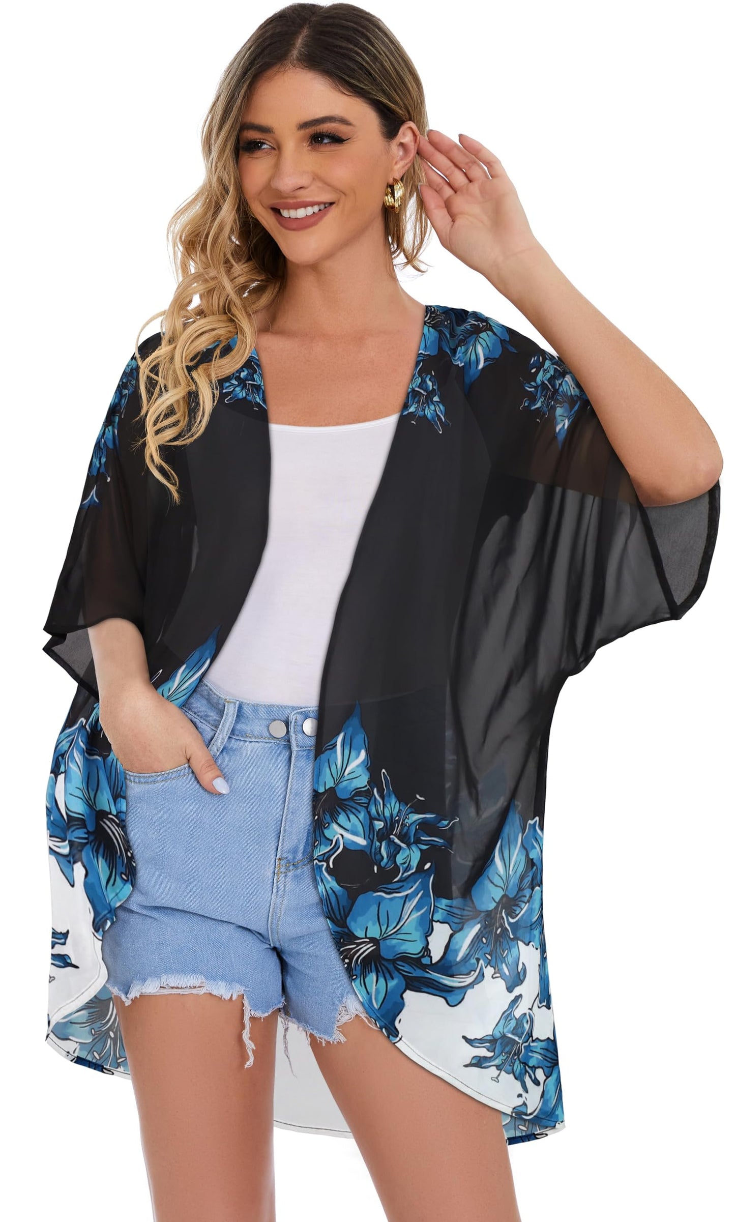 Women's Floral Print Puff Sleeve Kimono Cardigan Loose Cover Up Casual Blouse Tops(Black Blue Floral,S)