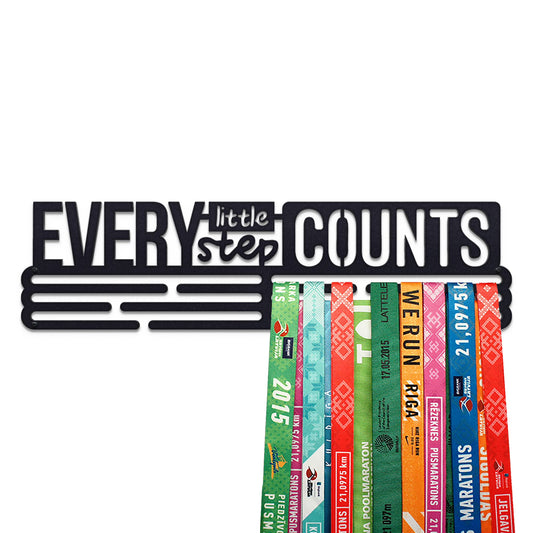 Sports Medal Hanger Display Race Every Little Step Counts | Black Race Medal Holder Awards Wall Mount | Running Marathon Race Medal Display for Wall | Steel medal holder for wall holds up to 48 Medals