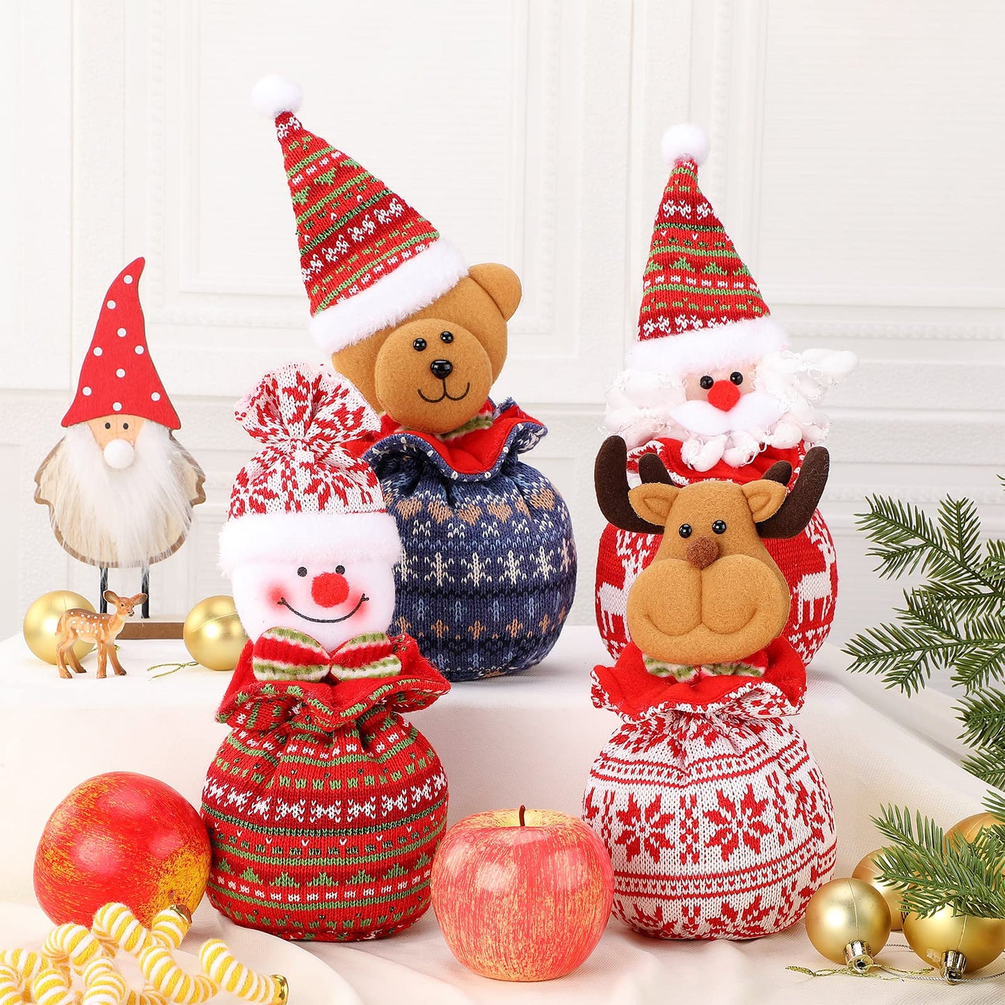 Shappy 12 Pcs Christmas Small Drawstring Bag Xmas 3D Doll Gift Bags Mini Christmas Apple Cookie Candy Holiday Treat Bag 11 x 6 Inch for Stockings Party Supplies Decor