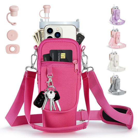 linmaya Water Bottle Carrier Bag with Phone Pocket for Stanley 40/30 oz Tumbler Neoprene Water Bottle Holder Pouch with 2 Adjustable Strap & 3 Leak Stoppers for Stanley Cup Accessories