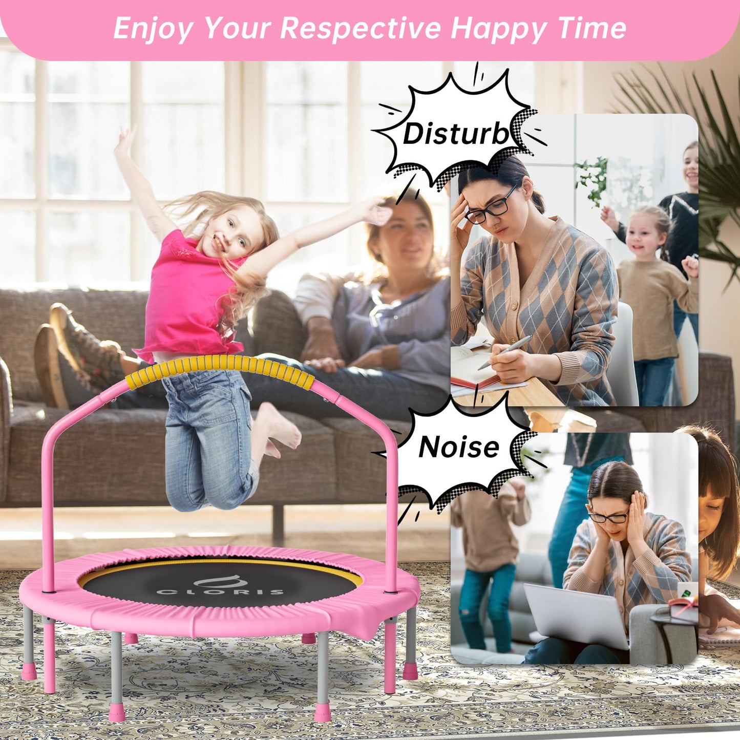 CLORIS 38in Folding Trampoline Mini Rebounder Fitness Trampoline with Adjustable Foam Handle for Kids/Adult, with safty Padded Cover Best Gift for Kids/Adult (38in-Pink)