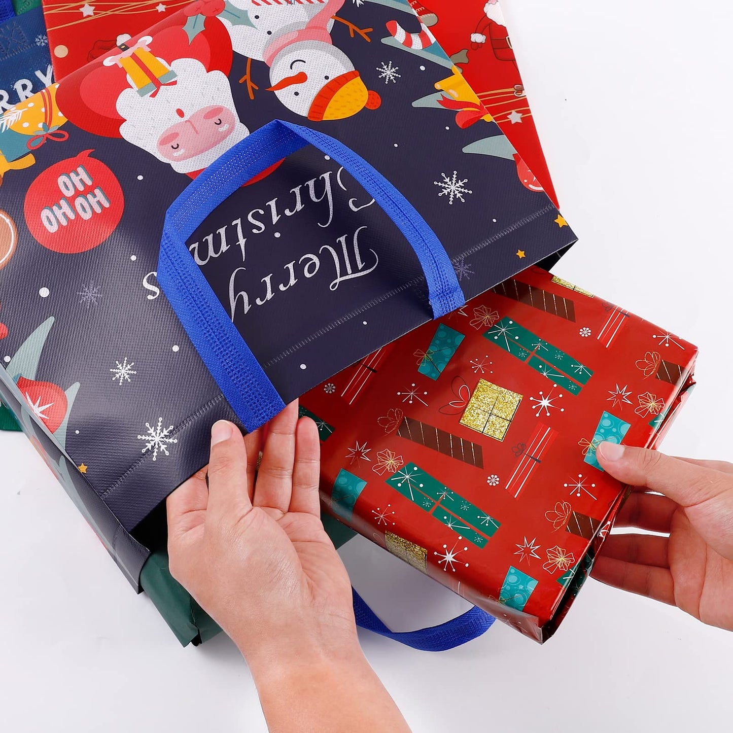 YANGTE 12 Pack 13" Large Christmas Gift Bags with Tissue Paper, Reusable Non-Woven Christmas Bag with Handles for Presents Wrapping, Shopping Xmas Party Supplies