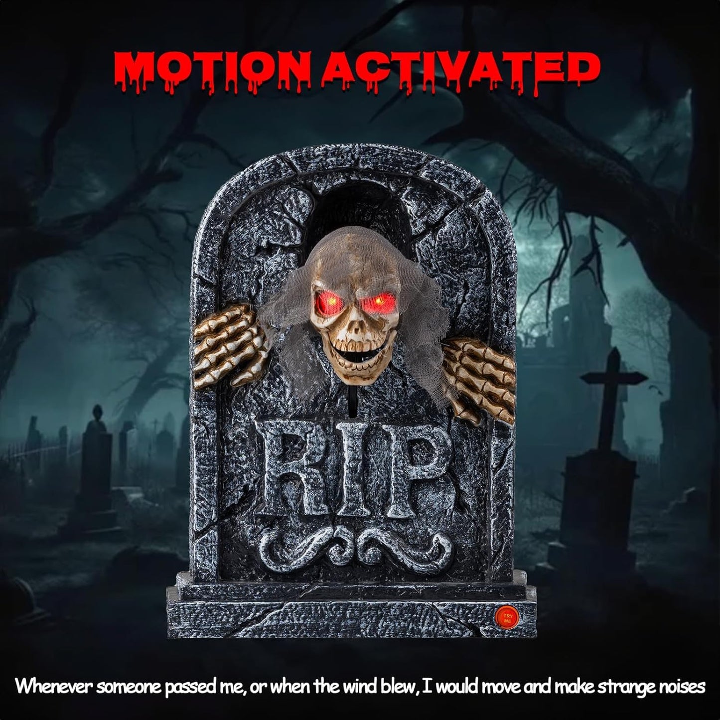 Candieslife Halloween Animatronics Zombie Tombstone - LED Gravestone Decorations with Skeleton Skull, Light Up Eyes, Motion Activated, Creepy Voice, Scary Motion Haunted Horror Prop for Indoor/Outdoor