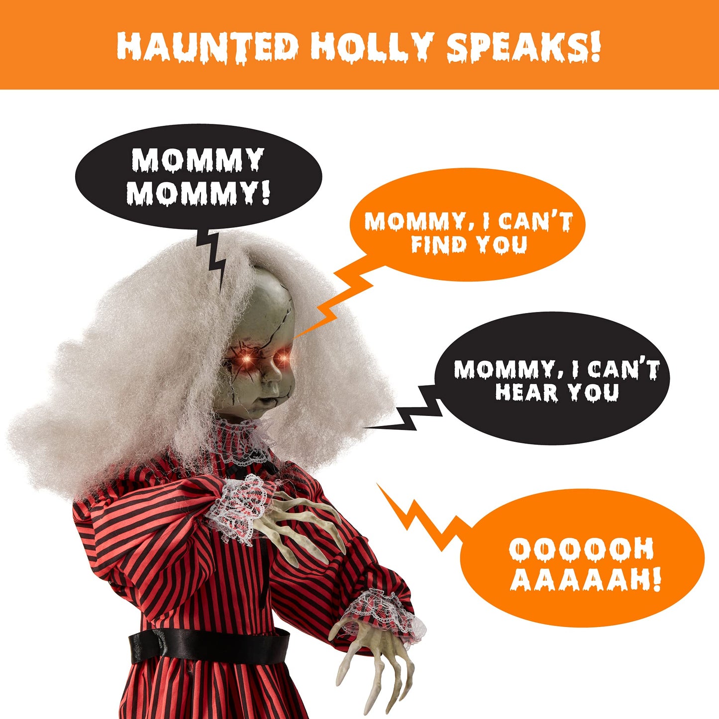 Best Choice Products Animatronic Roaming Creepy Doll Halloween Decoration, Haunted Holly Sound Activated Holiday Prop w/Light-Up LED Eyes, Pre-Recorded Phrases