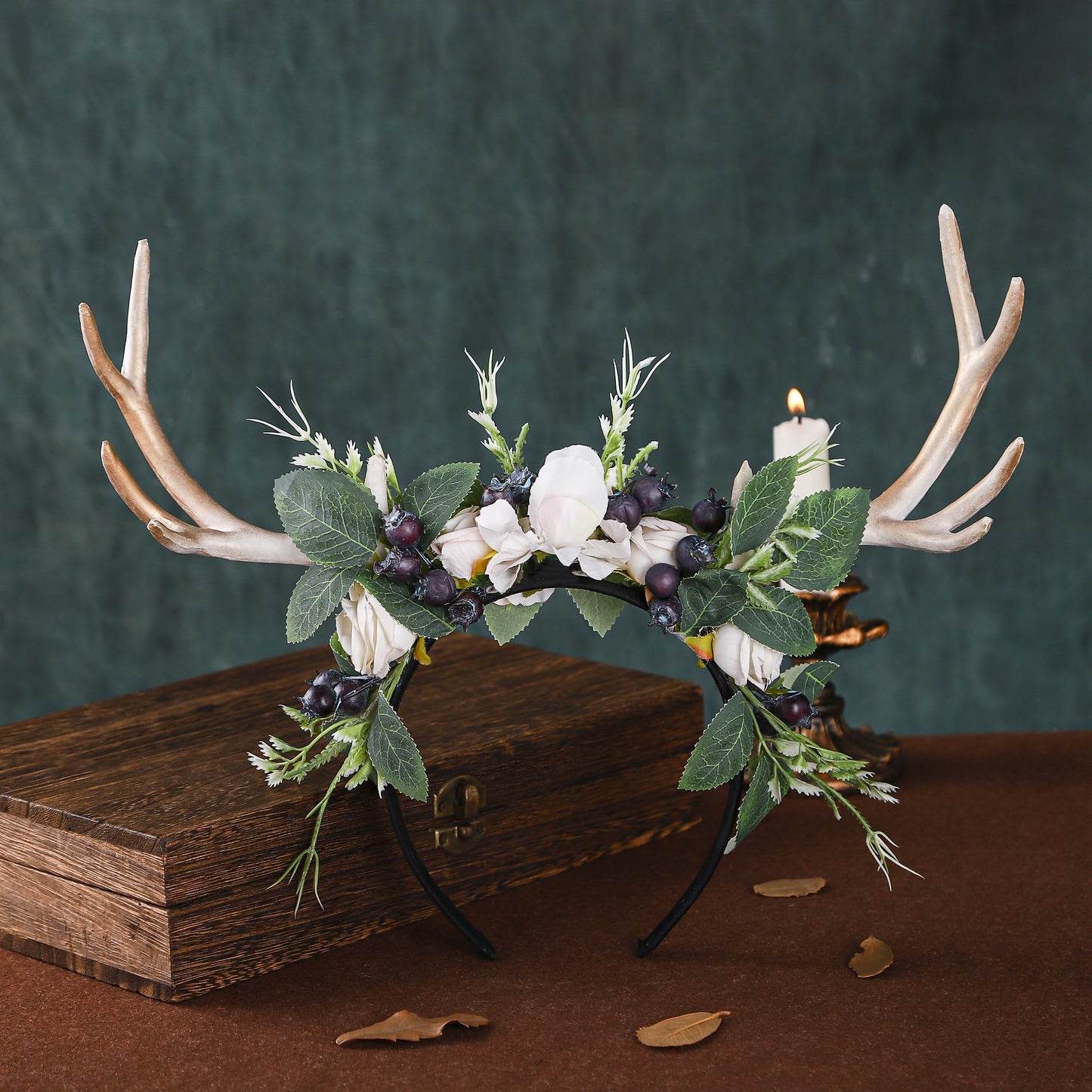 MOSTORY Handmade Deer Horns Headband - Flower Antler Hairband Woodland Reindeer Headpiece with Berries for Prom Renaissance Halloween Cosplay Accessory