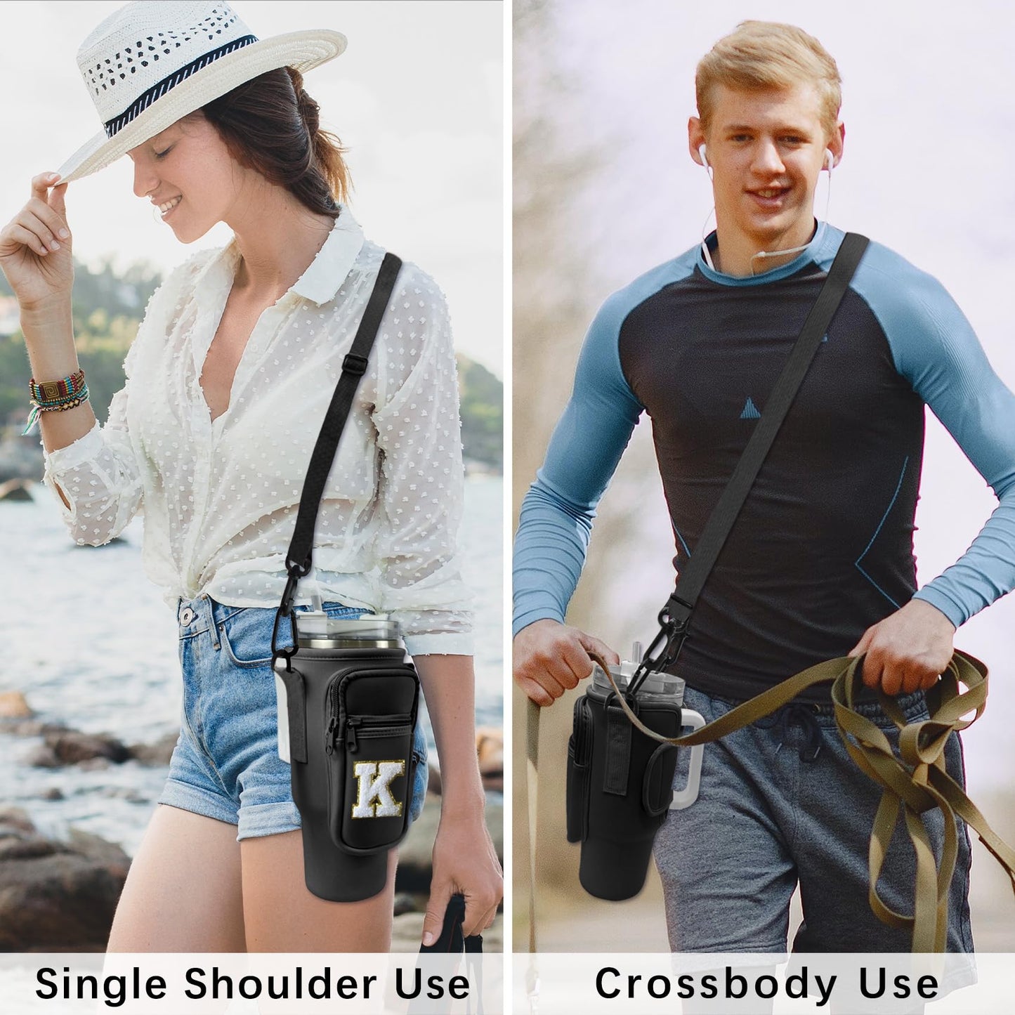 Aganmi Water Bottle Sling Bag with Phone Pocket for Stanley 40oz Tumbler Cup Accessories,Chenille Letter Water Bottle Holder Pouch with Adjustable Shoulder Strap for Outdoor Activities(Black S)